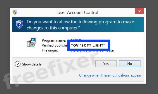 Screenshot where TOV "SOFT LIGHT" appears as the verified publisher in the UAC dialog